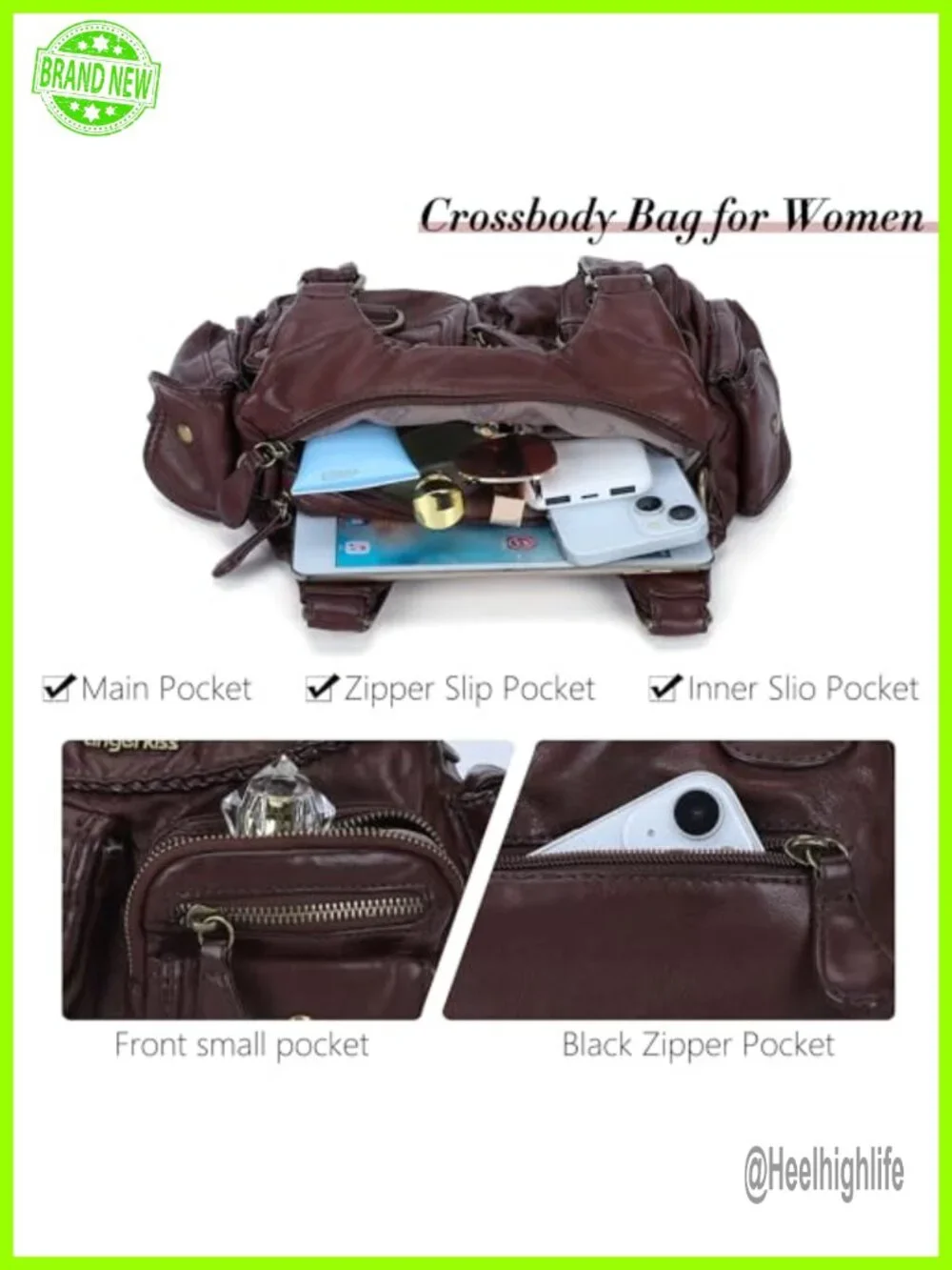 Vegan Leather Hobo Crossbody Bag with Multiple Pockets - Medium